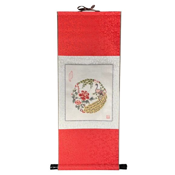 Chinese Paper Cut Silk Scroll with Peacock and Peony – Vintage Wall Art in Box - Picture 1 of 16